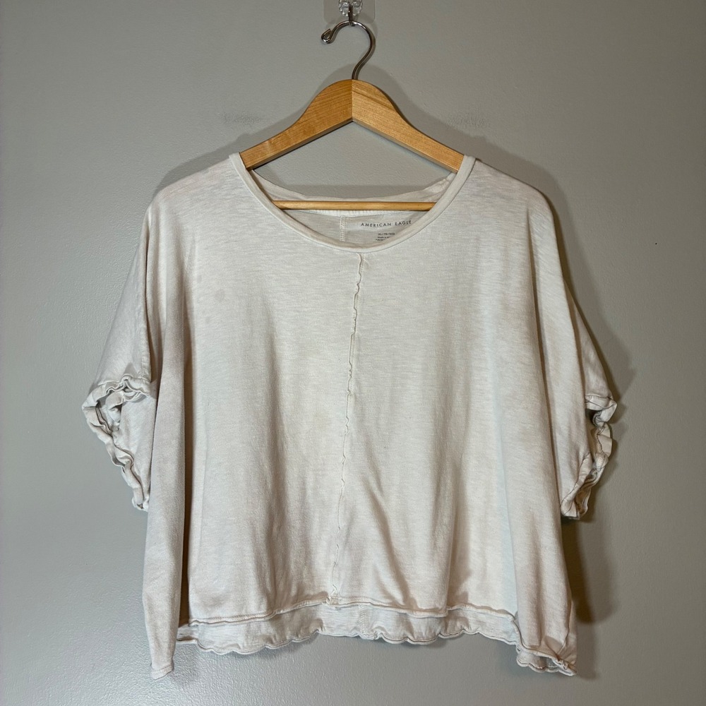 American Eagle Cream Cotton Boxy Crop Top Lettuce Edge XL